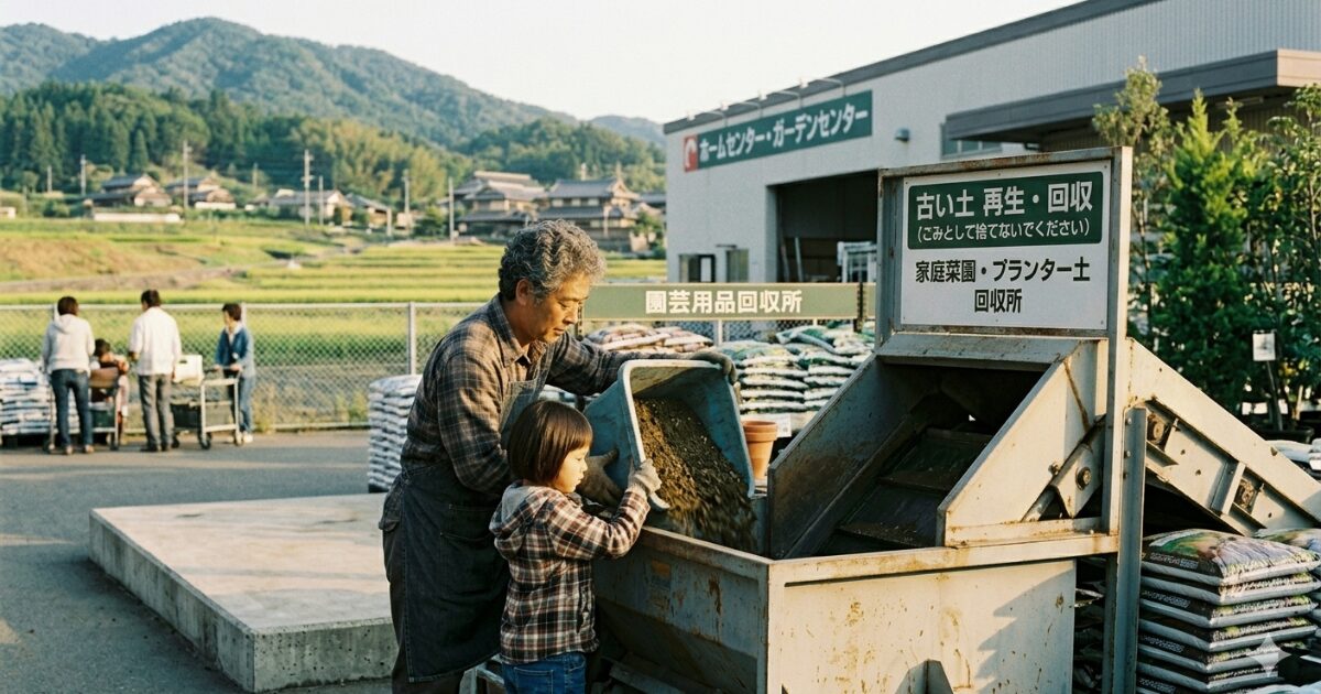 親子でホームセンタに古い土を捨てて回収してもらっているイメージ図