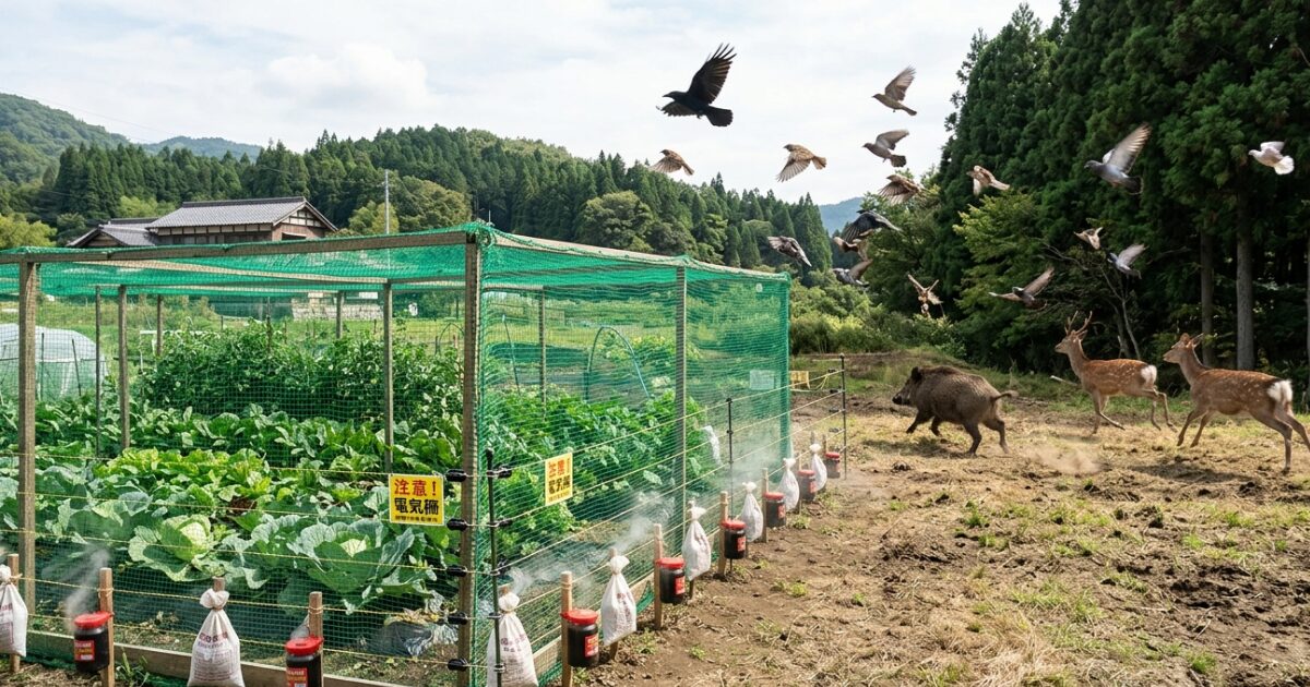 家庭菜園で害獣対策しているイメージ図
