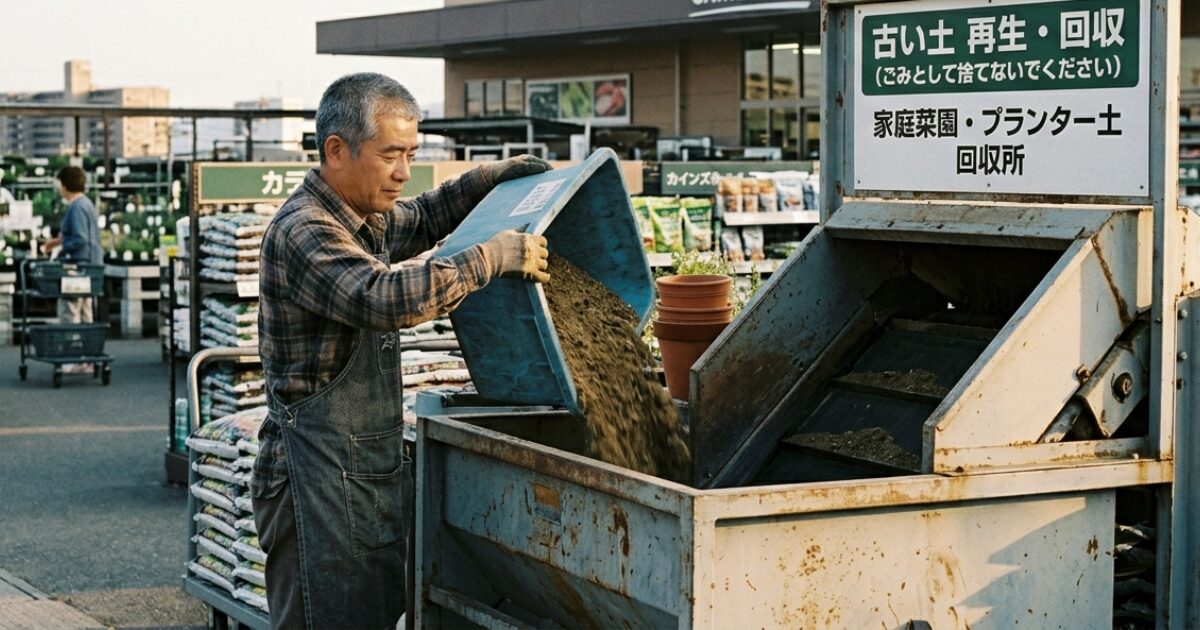 ほーうセンターでうち回収ボックスに土を市捨てている男性のイメージ図