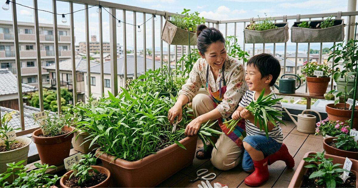 ベランダで空心菜を育てている親子のイメージ図