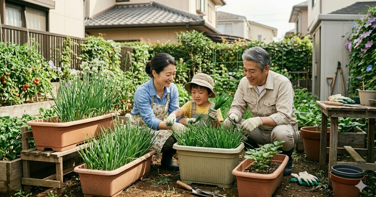ニラを栽培している親子のイメージ図