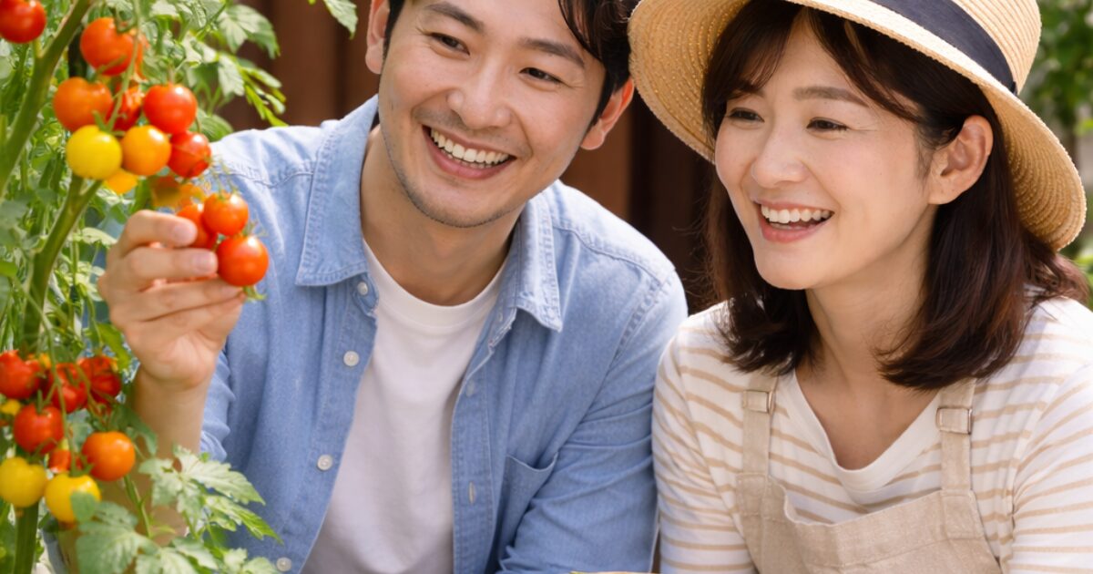 ミニトマトを育てている夫婦のイメージ図