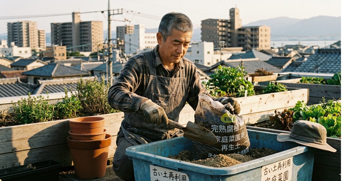 土を袋に入れている男性のイメージ図