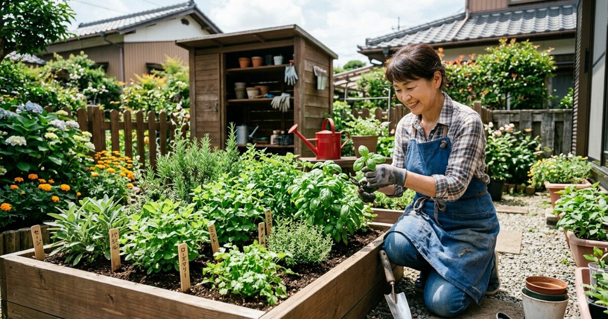 ハーブを育てている女性のイメージ図