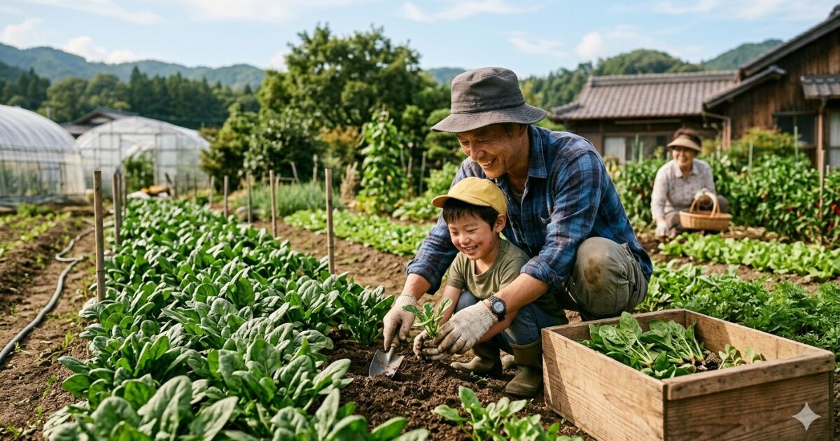親子でほうれん草畑で収穫しているイメージ図