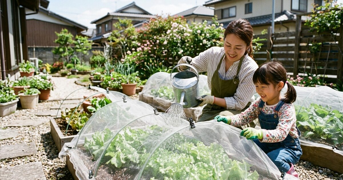 家庭菜園で親子が庭で防虫ネットの上から水やりをしているイメージ図