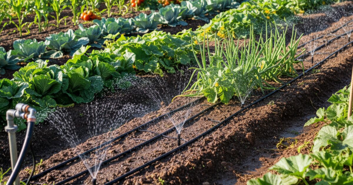 畑に散水水やり機を設置して水やりしている様子