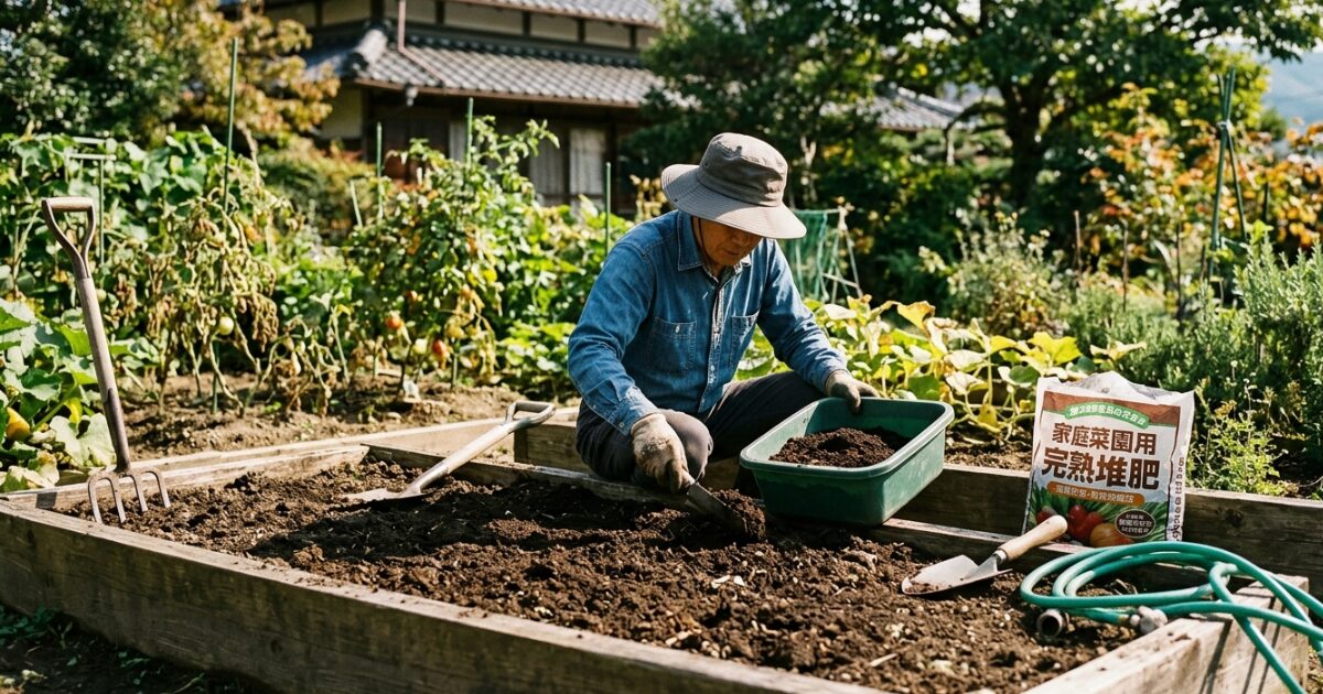 庭で土作りの順番通りに家庭菜園をしている男性