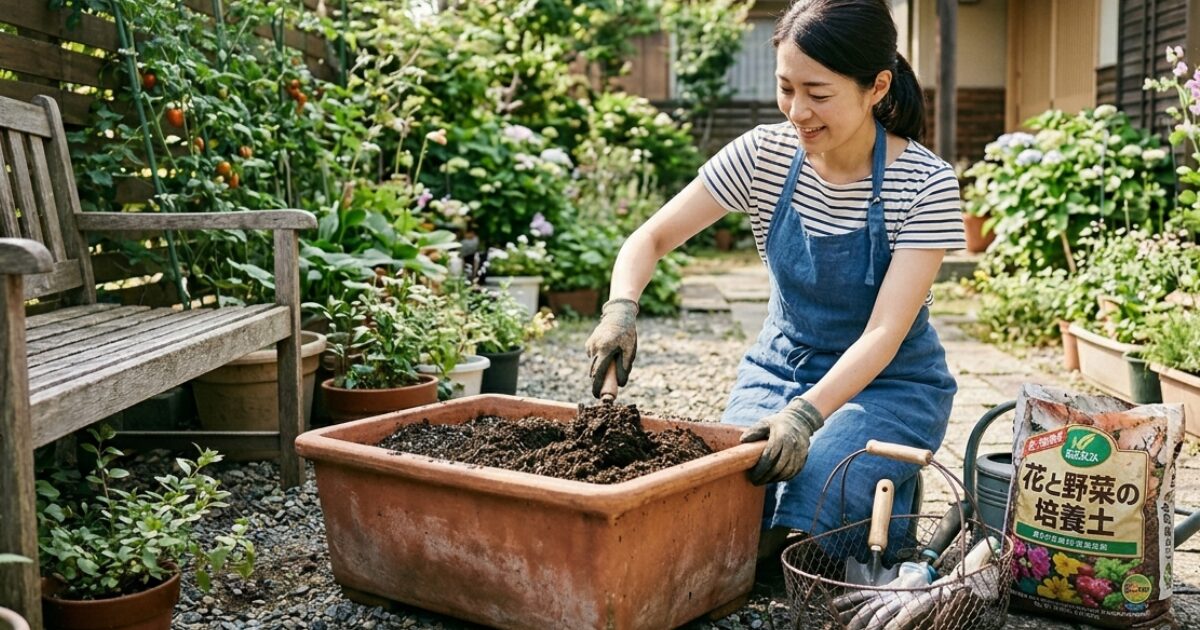 土作りをしている女性のイメージ図