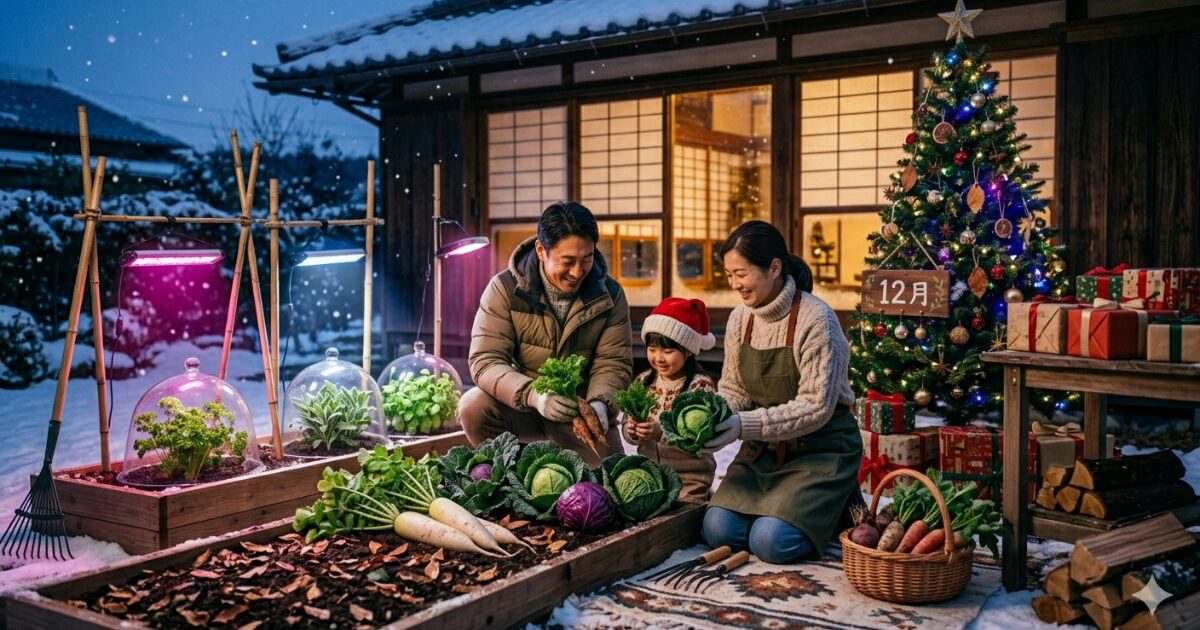 12月のイベントクリスマスをしながら畑で野菜を収穫しているイメージ図