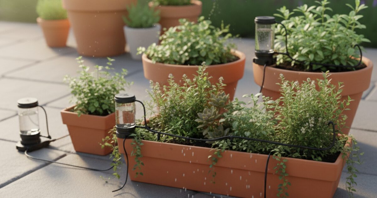 小型プランターに自動水やり機で水やりしているイメージ図