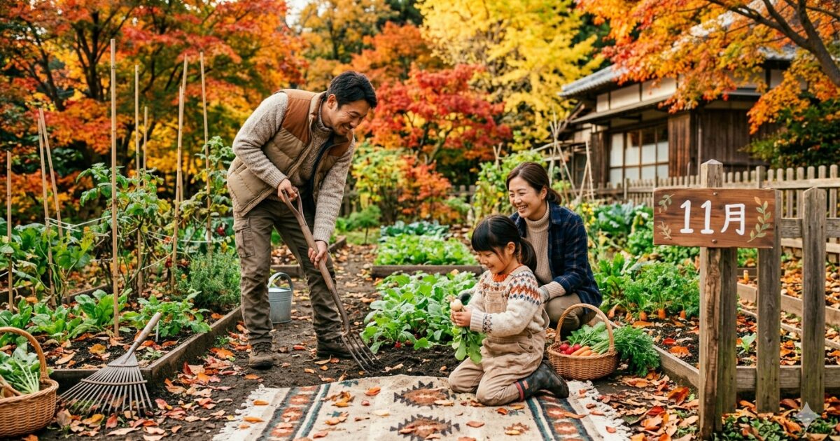 11月イベントの紅葉を家族で、家庭菜園しながら楽しんでいるイメージ図