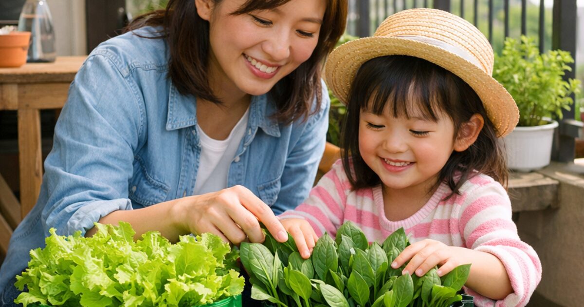 レタスとほうれん草の袋栽培をしている親子のイメージ図