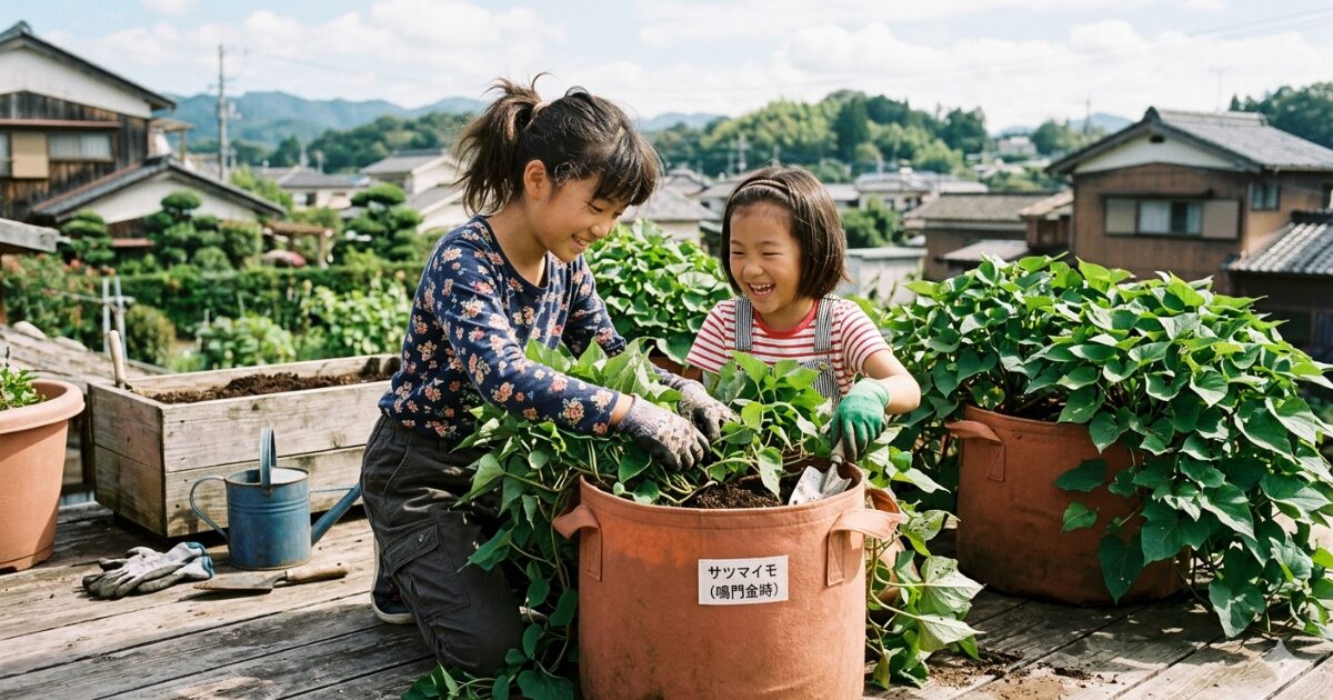 姉妹でプランターでさつまいもを育てているイメージ図