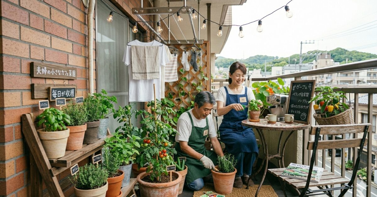 狭いベランダ菜園をおしゃれに過ごす夫婦のイメージ図