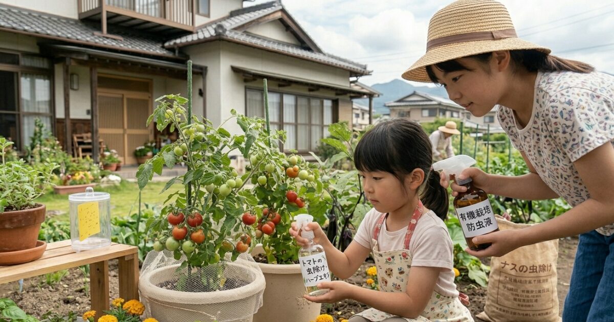 トマトの虫除け対策をしている姉妹のイメージ図