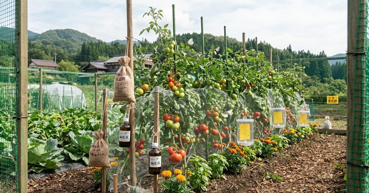 家庭菜園で虫除け対策した畑のイメージ図