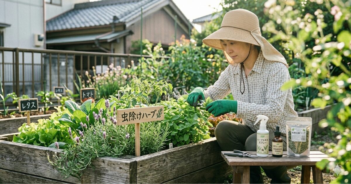 家庭菜園で天然虫除けを使っている女性のイメージ図