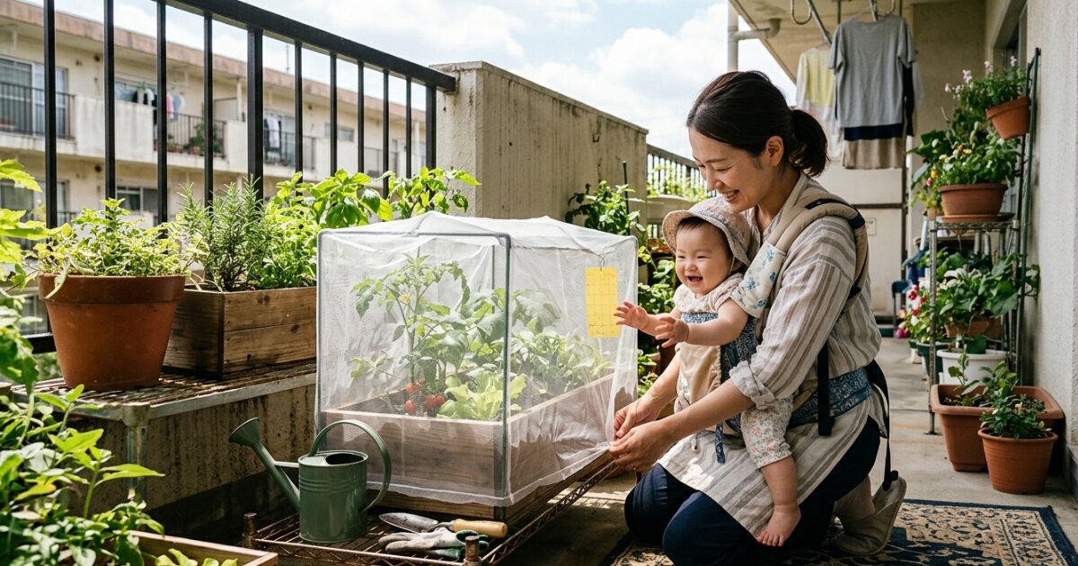 ベランダ菜園で虫対策している親子のイメージ図