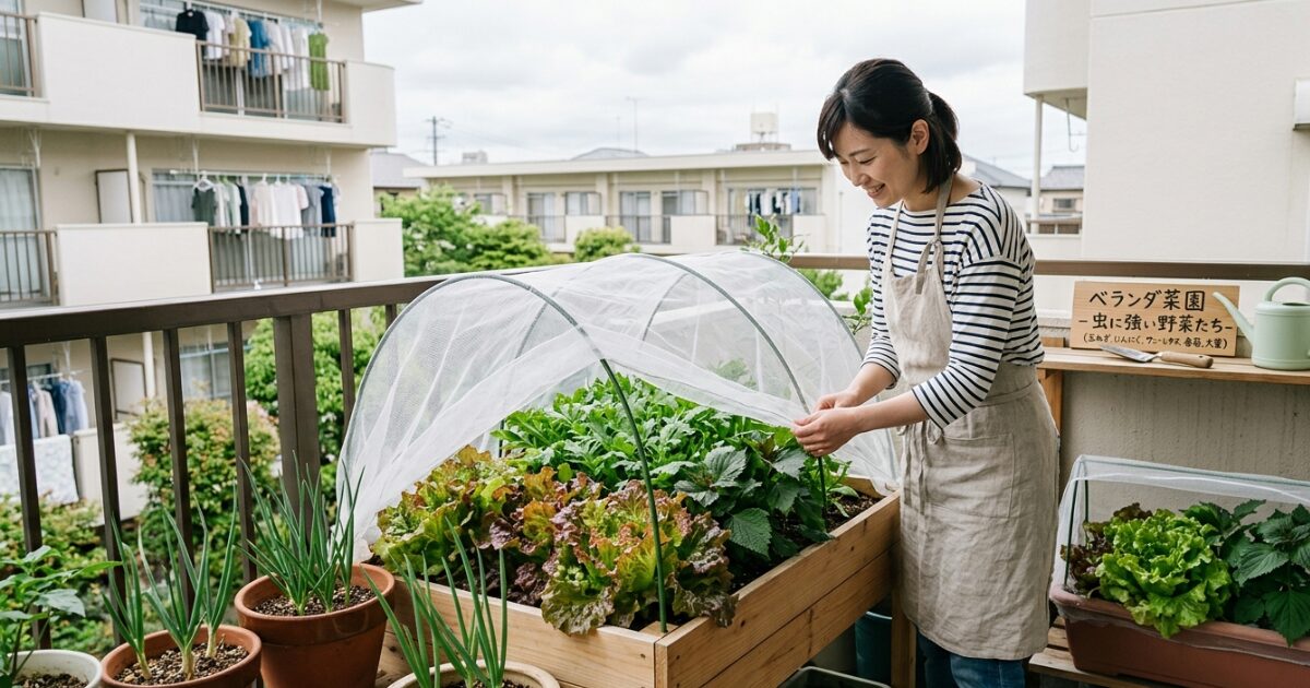 ベランダで家庭菜園の虫除けネットを付けている女性のイメージ図