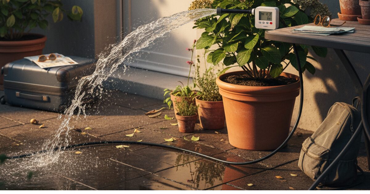 旅行中に自動水やり機が故障しているイメージ図