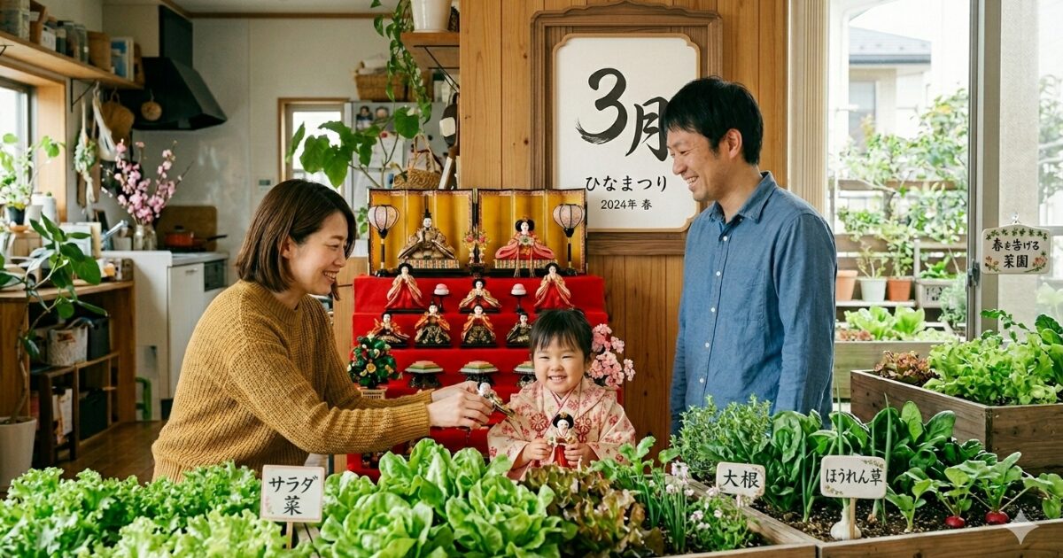 3月ひな祭りを家族3人で飾りながら家庭菜園も楽しんでいる様子