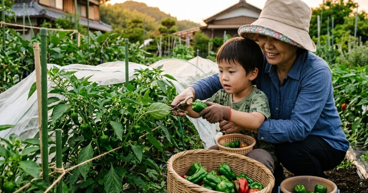 庭で親子がピーマンを収穫しているイメージ図