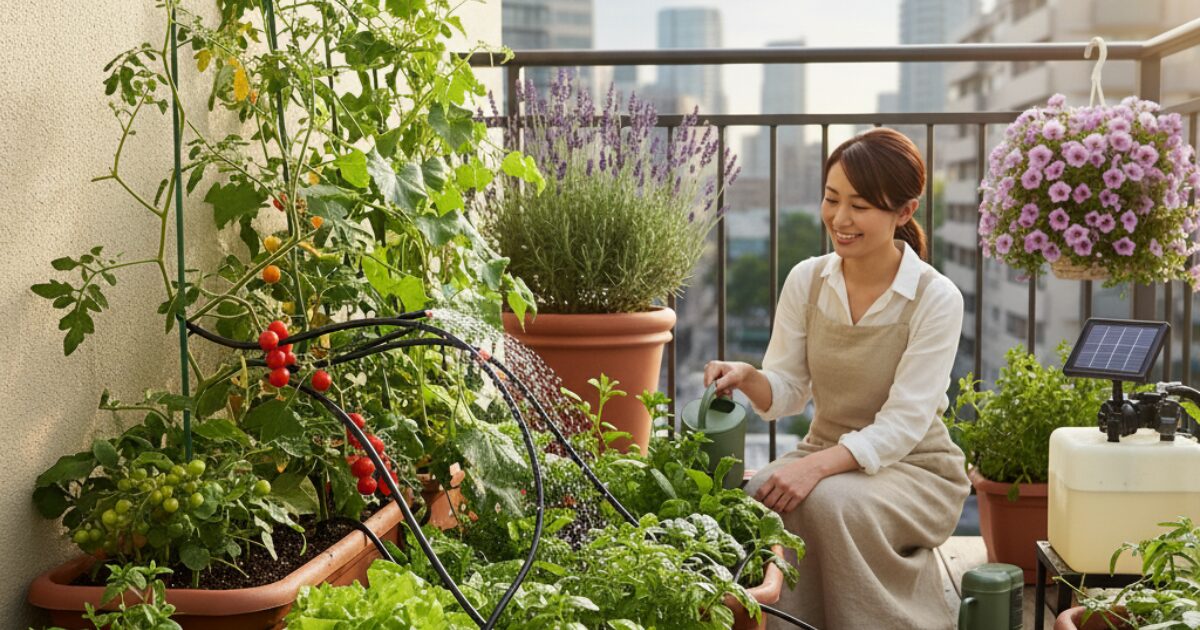 ベランダで自動水やり機で水やりをしている女性のイメージ図