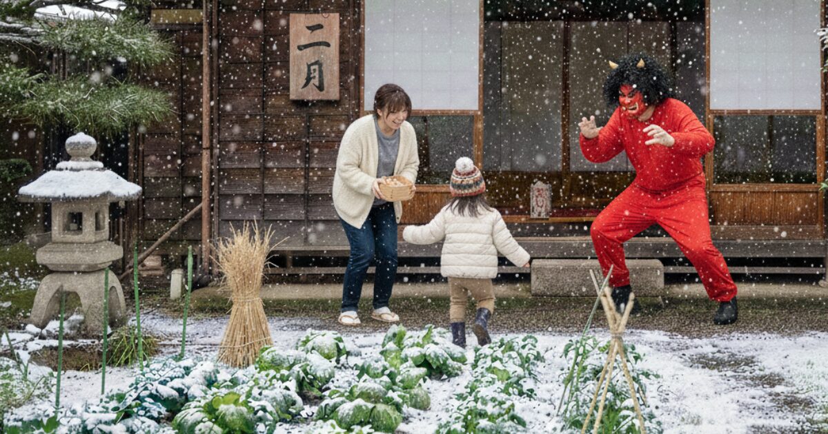 2月のイベント節分を家族3人で雪の中庭でしている様子
