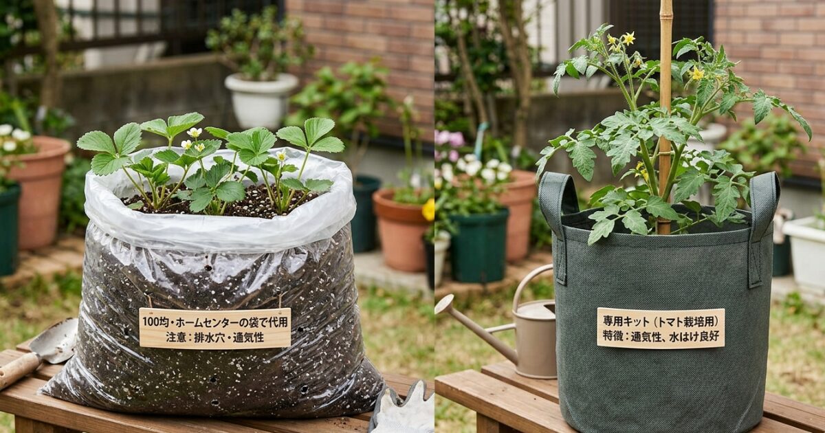100均やホームセンターの袋を代用で袋栽培しているイメージ図