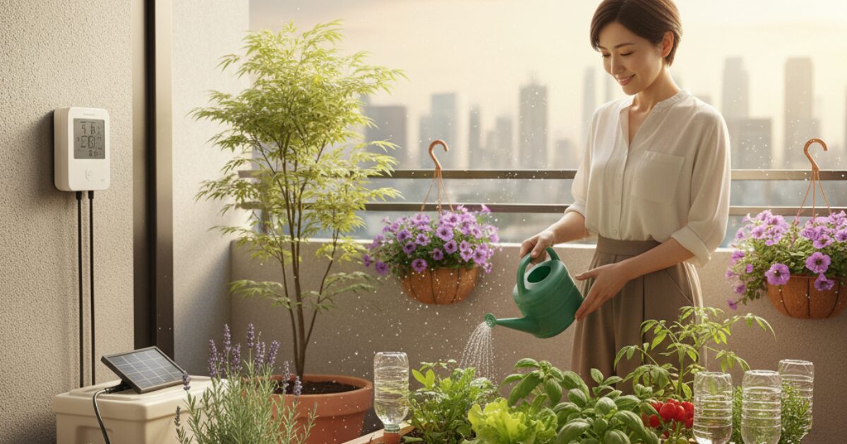 ベランダで電動ポンプ式･ペットボトル式･ソーラー式の自動水やり機で水やりしている女性のイメージ図