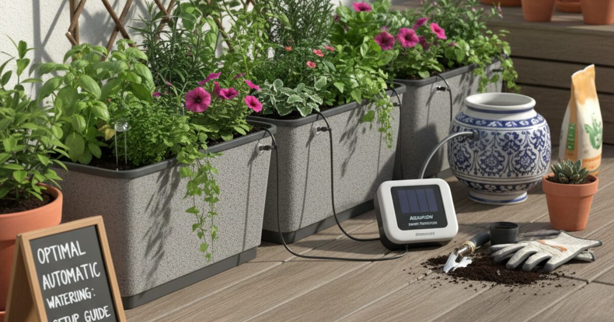 ベランダで自動水やり機で水やりをしているイメージ図