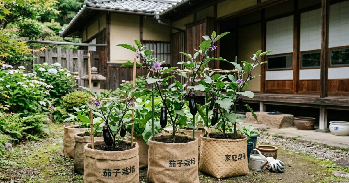 ナスの袋栽培しているイメージ図