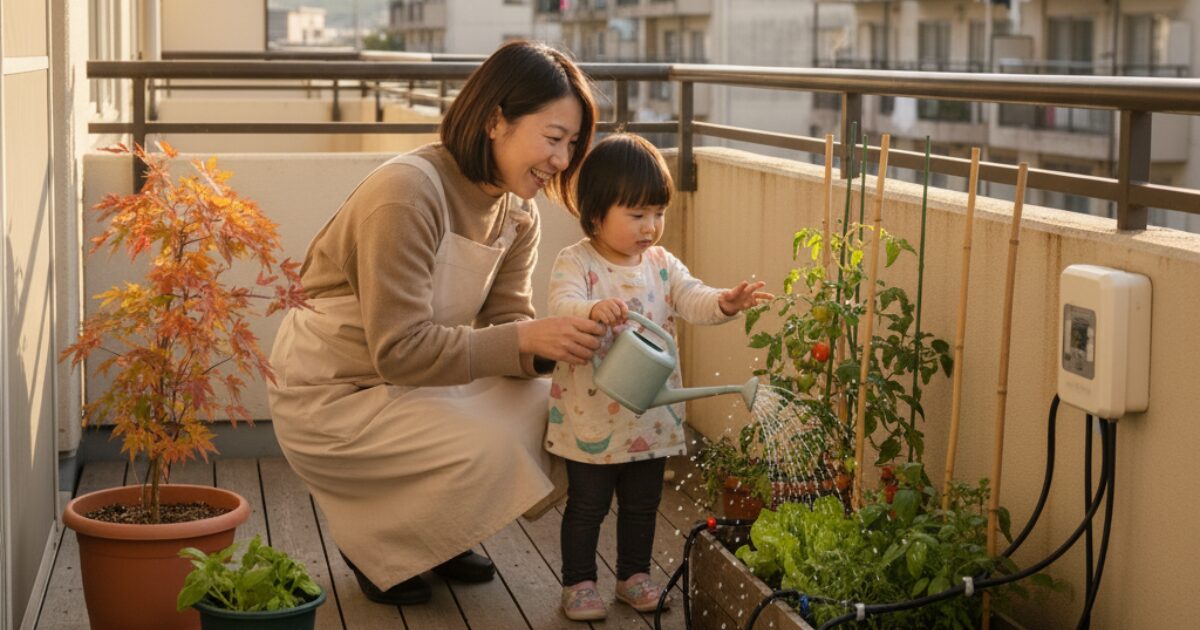 ベランダで親子が自動水やり機とジョウロで野菜に水やりしている様子