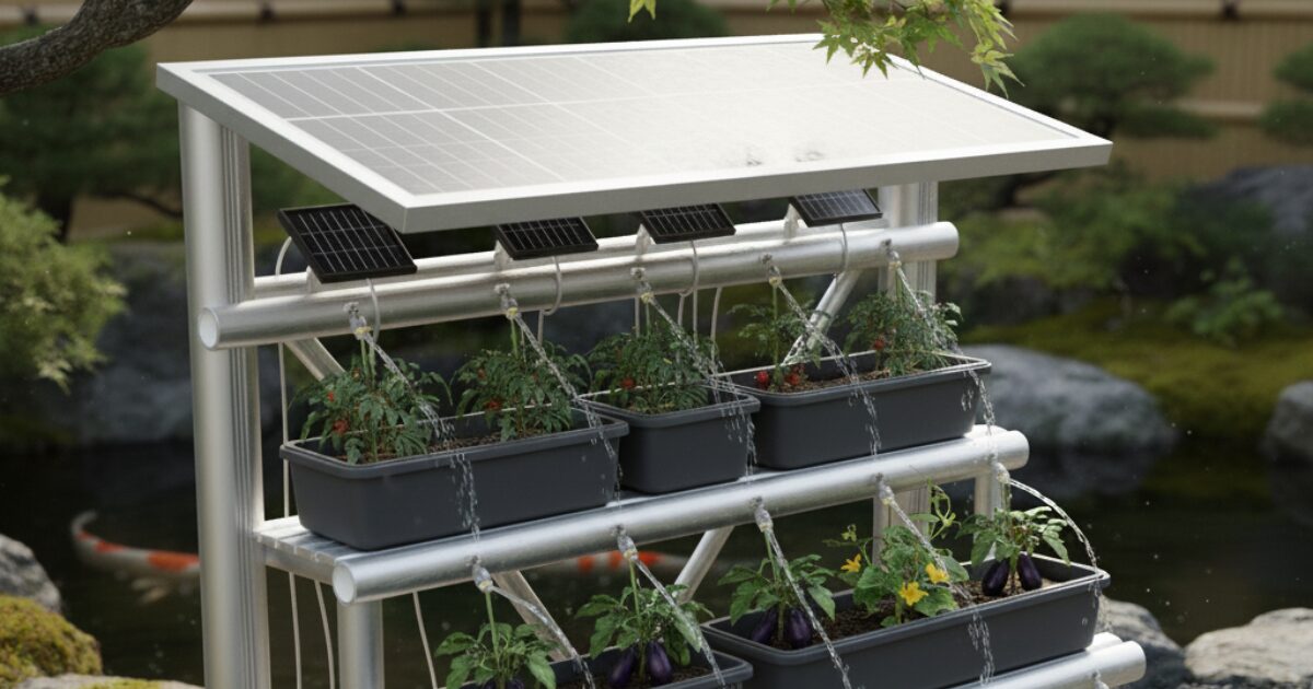 ソーラーパネルの自動水やり機でプランターに水やりしているイメージ図