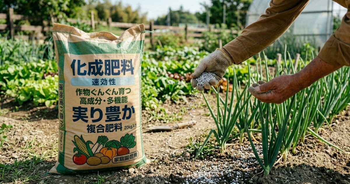 野菜に化成肥料を撒いているイメージ図