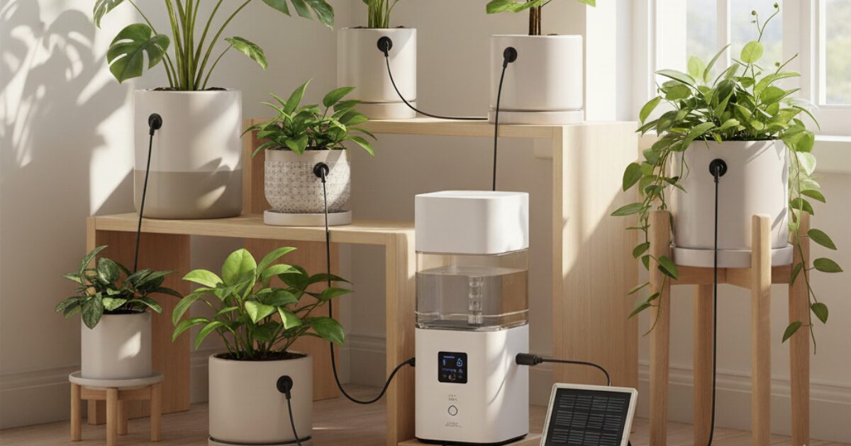 室内の観葉植物に自動水やりしているイメージ図