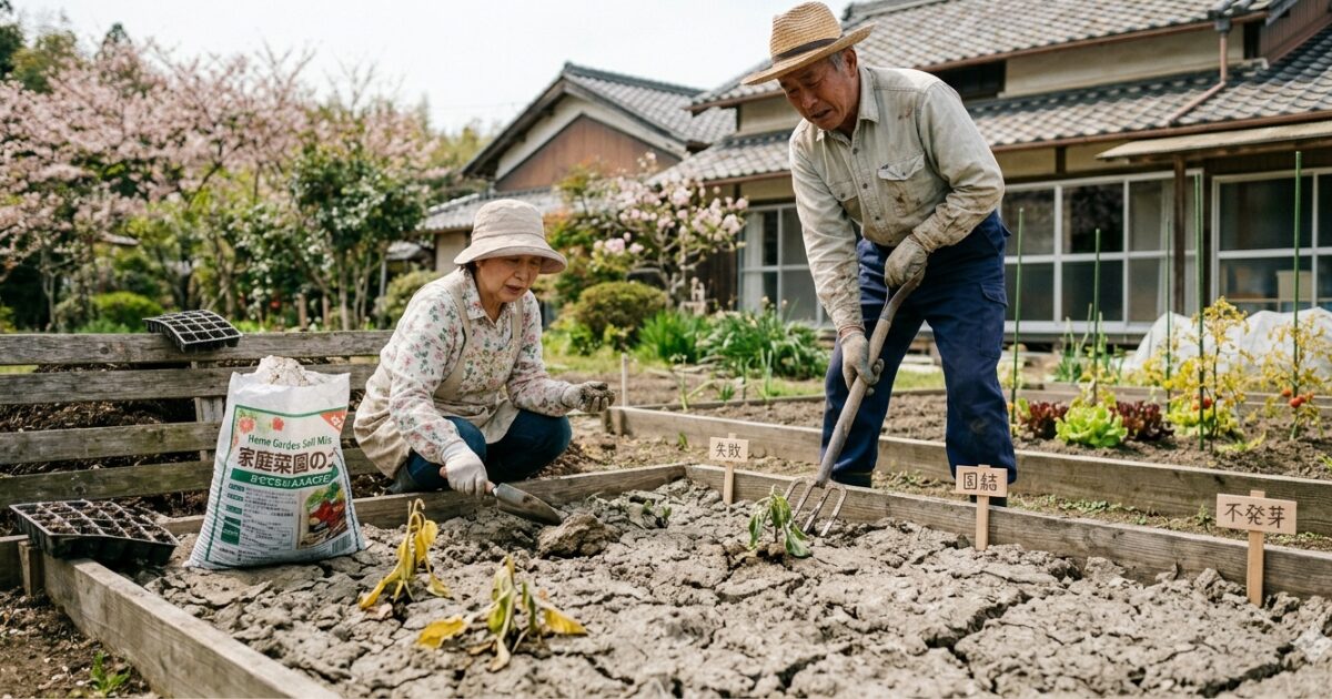 土作りで失敗した老夫婦のイメージ図