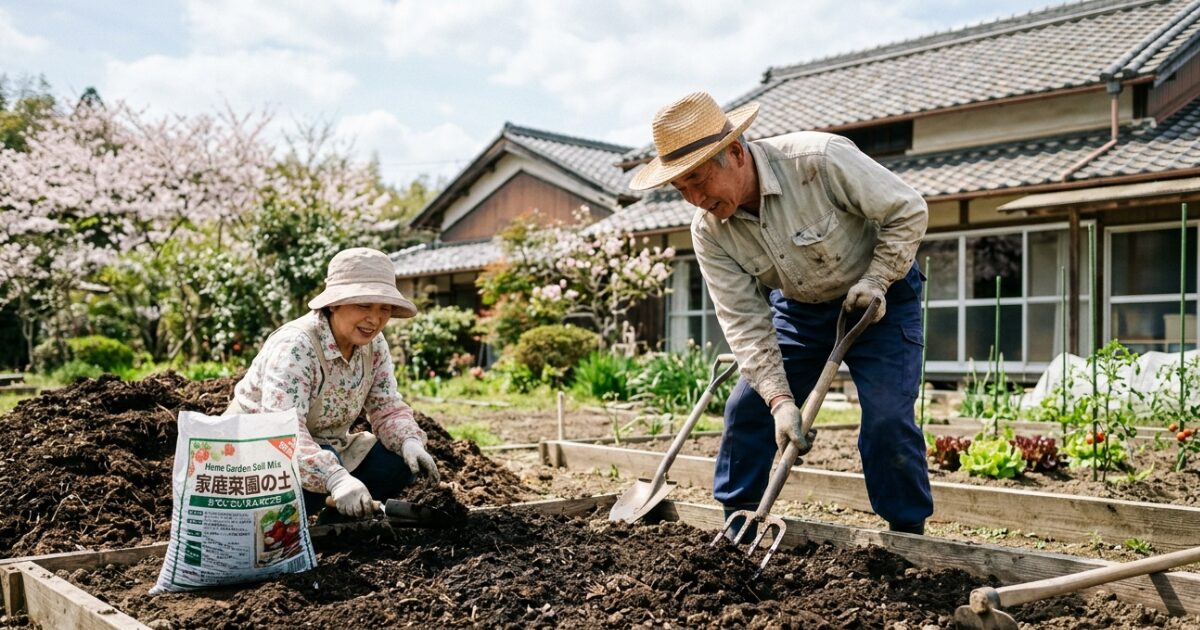 土作りをしている老夫婦のイメージ図