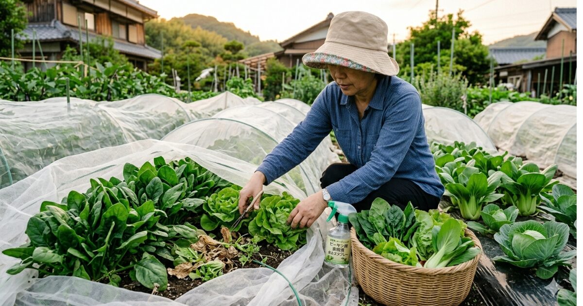 葉物野菜の防虫ネットから野菜を守っている女性のイメージ図