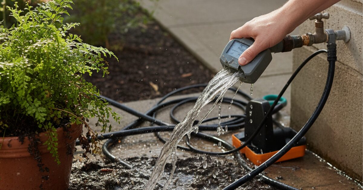 自動水やり機が故障しているイメージ図