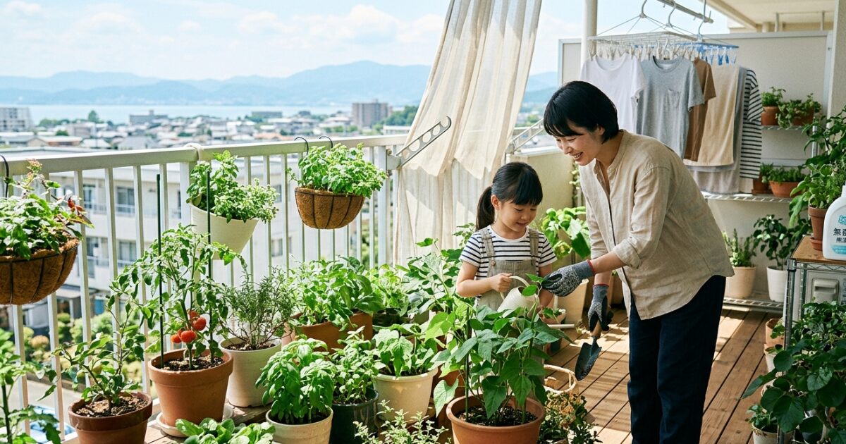 ベランダ菜園で虫対策をしている親子のイメージ図