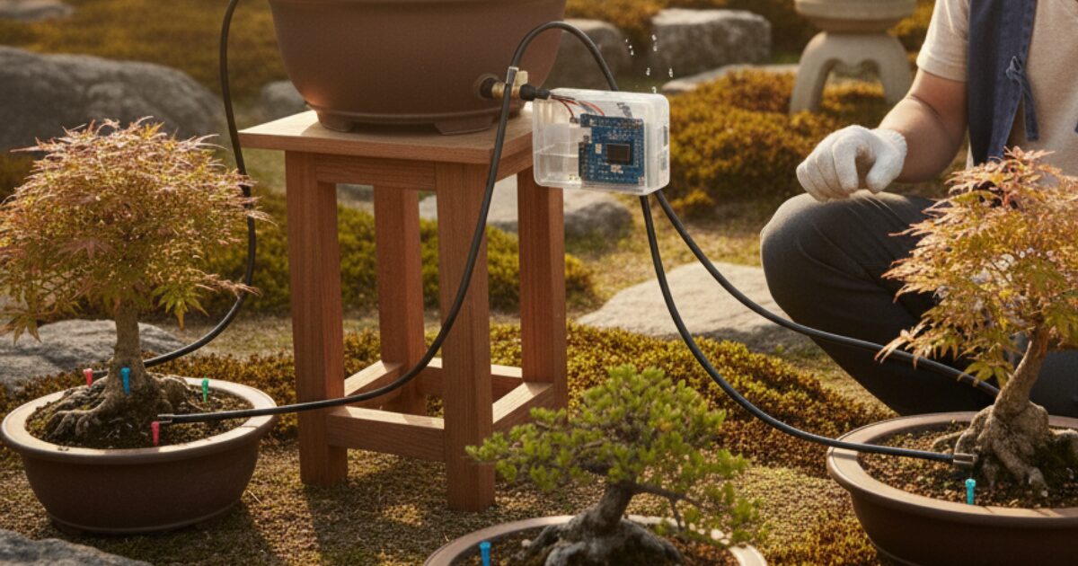 黒いチューブで繋がれた自動水やり機DIYのイメージ図