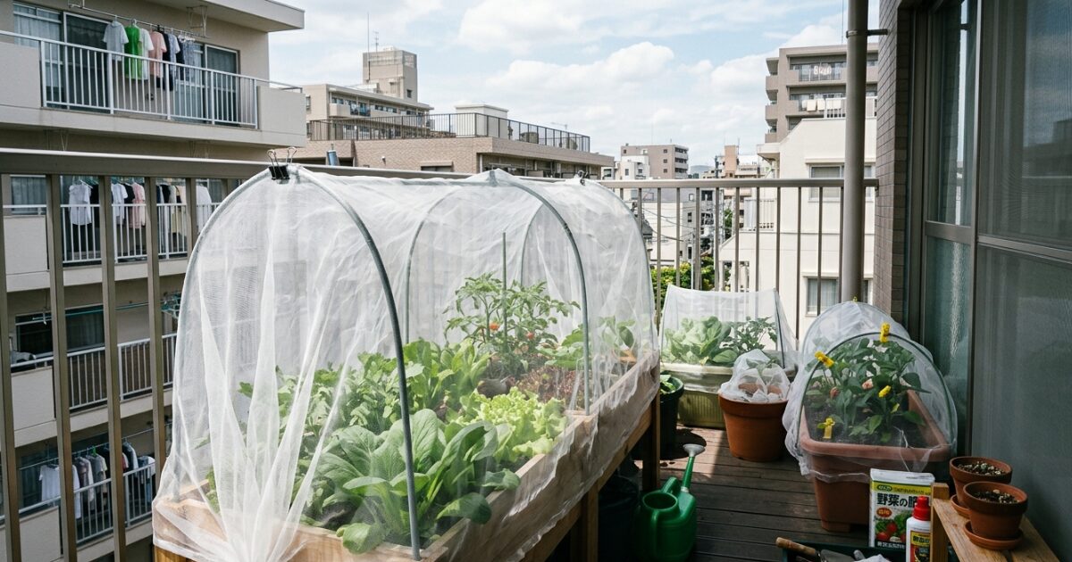 ベランダで防虫ねっとぉ被せているイメージ図