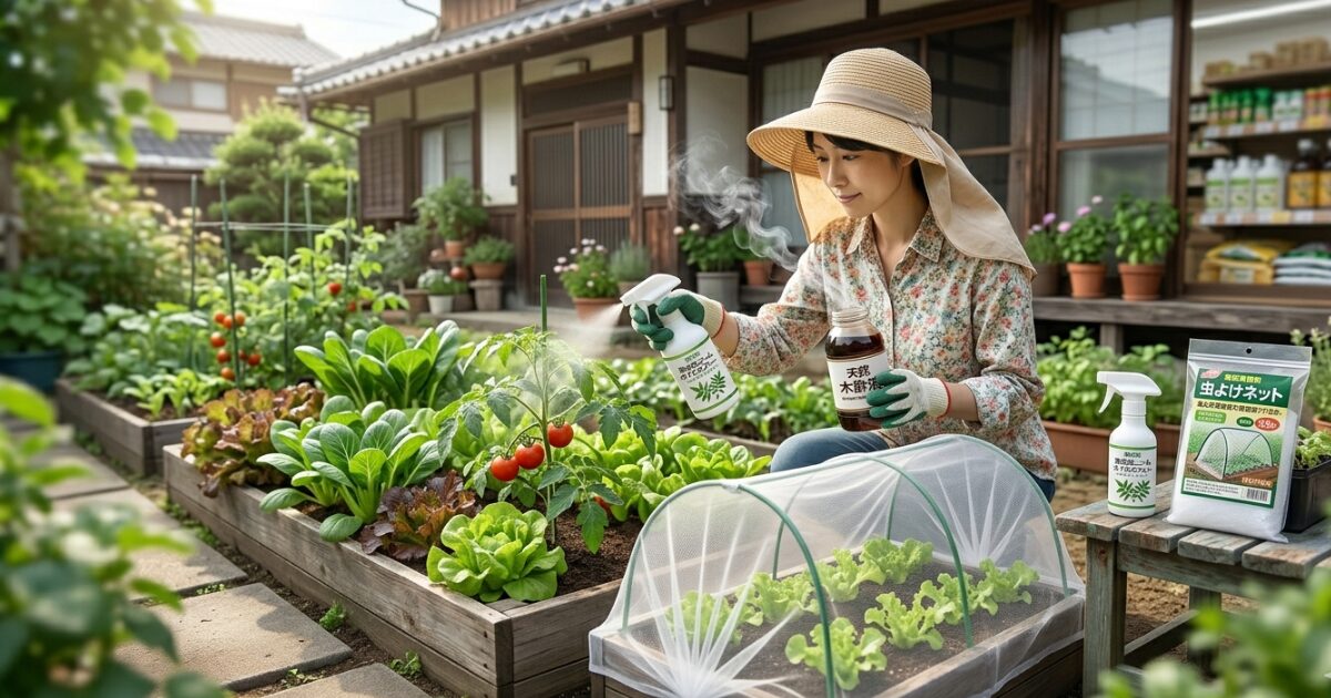 家庭菜園で女性がいろんな種類の虫除けグッズを使っているイメージ図