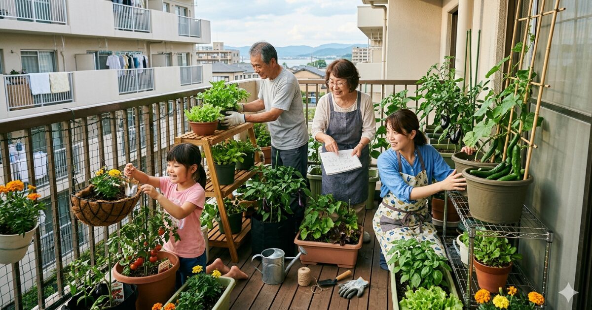 ベランダ菜園を家族でしているイメージ図