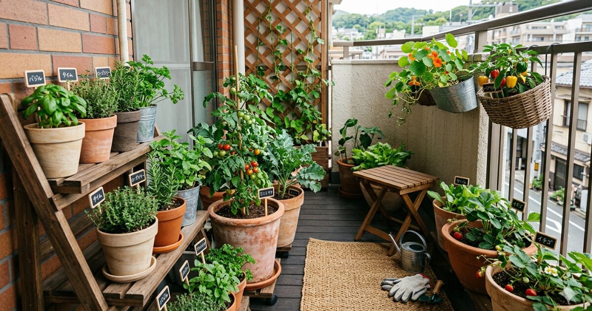 狭いベランダ菜園をおしゃれに整えるのイメージ図