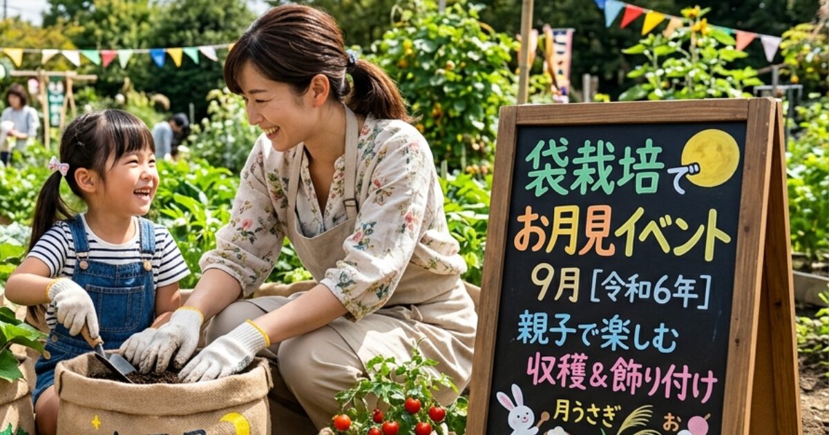 9月のお月見イベントで親子が袋栽培をしているイメージ図