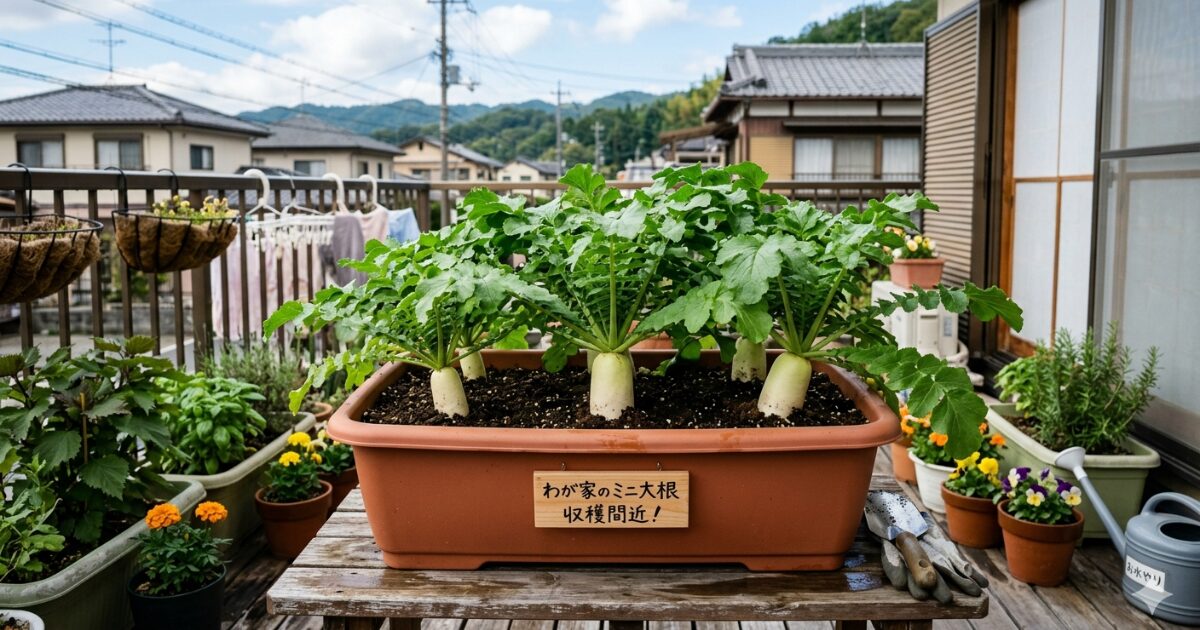 ミニ大根をプランターで育てているイメージ図