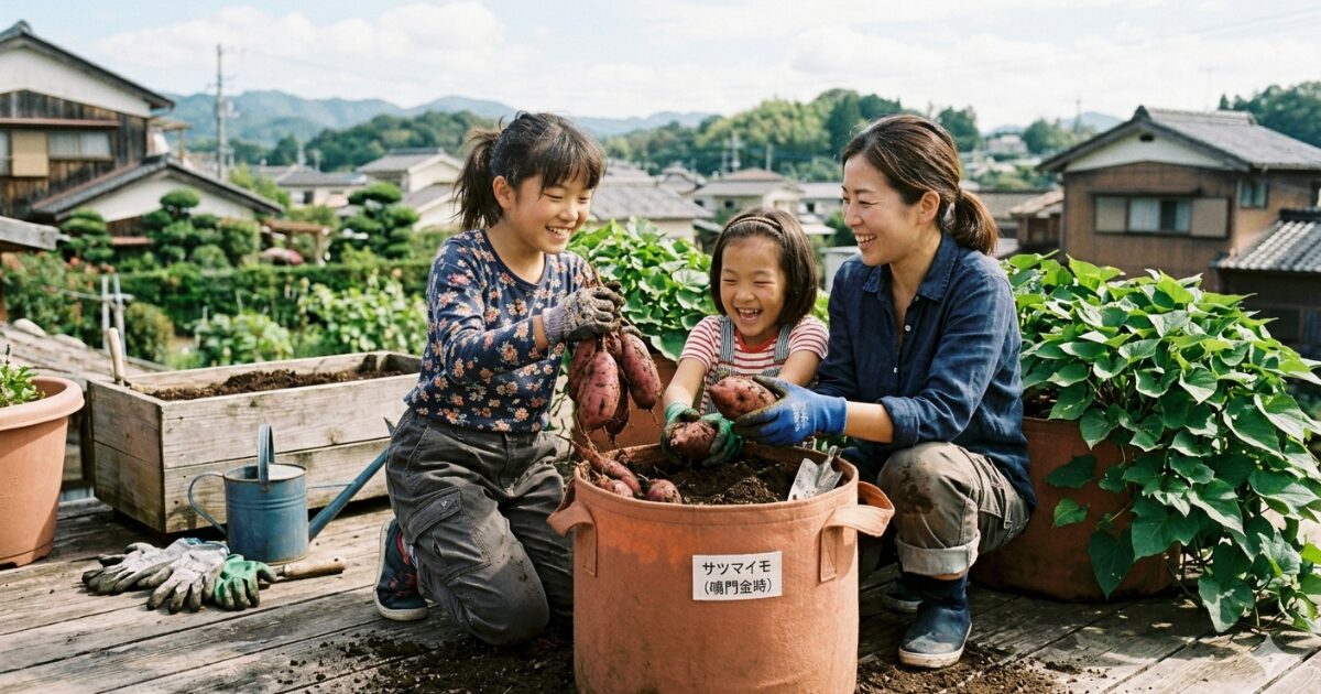 プランターでさつまいもを育てている家族のイメージ図